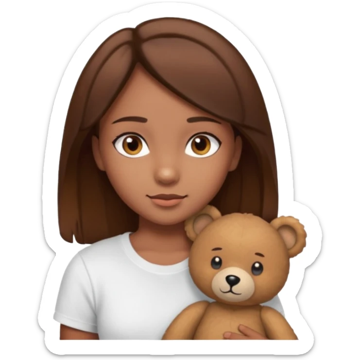 A Girl with Brown hair and Brown eyes with a t-shirt White. The t-shirt have dels a Teddy bear sticker