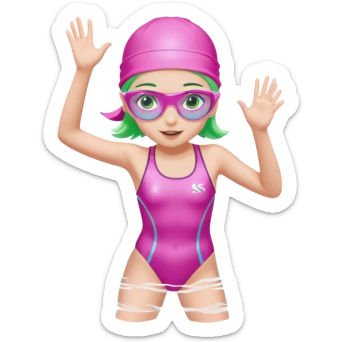 pretty girl with green eyes pink swim cap holographic swimming glasses and cute profesional swimmer pink swimsuit jumping in water sticker