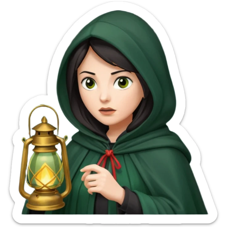 traitor tv show, dark haired woman wearing dark green cloak with hood up who looks very evil, is holding up a lantern, and is tilting her head down sticker