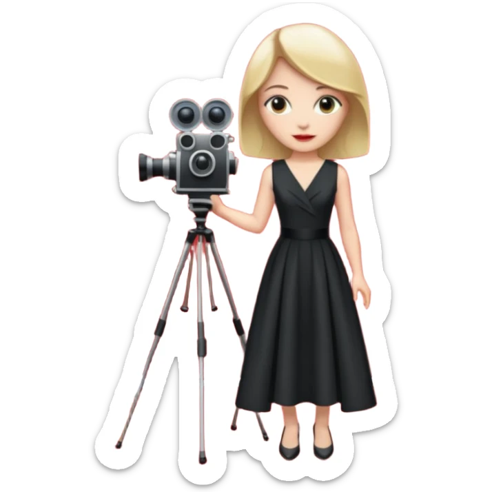 an actress standing on a red carpet with a formal dress, with only one movie camera on a tripod next to her. sticker