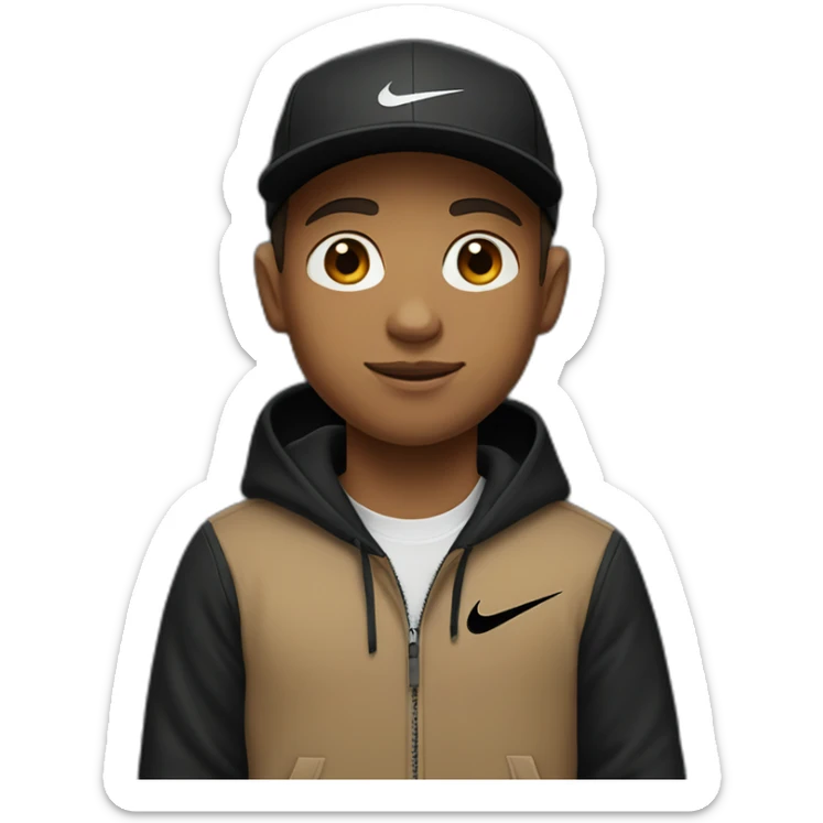 light brown boy with hair until his ears wearing a black nike cap and nike hoodie and black pants sticker