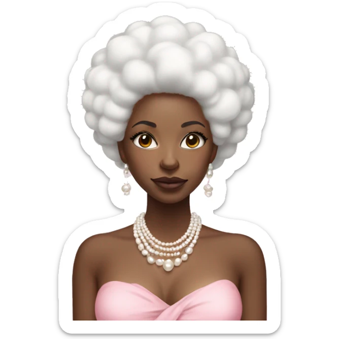 Black woman with white afro hair (with pearl hair accessories) and white coloured eyes. Wearing pearl necklaces and earrings with a pink flowy dress adorned in pearls sticker