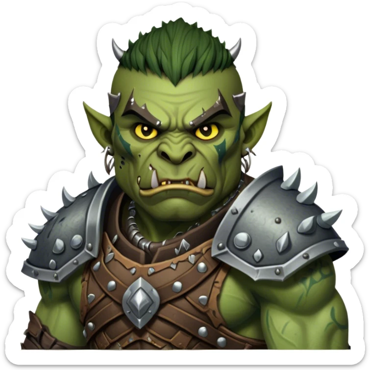 Cinematic Realistic WoW Orc Warrior Portrait, depicted with battle-scarred, rugged green skin and a powerful, muscular build that radiates primal strength. Clad in intricately detailed tribal armor accented with dark leather and iron embellishments in deep, earthy tones, his fierce eyes and determined expression exude honorable might. Rendered with lifelike texture and dramatic natural lighting, high shine, noble and formidable, capturing the essence of a legendary orc champion. sticker
