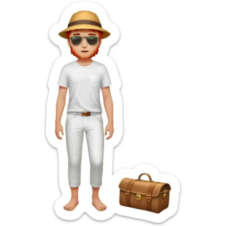 Chico moreno, joven ojos verdes,vestid camisa pantalón blancosplaya cuerpo entero, pelirrojo sticker