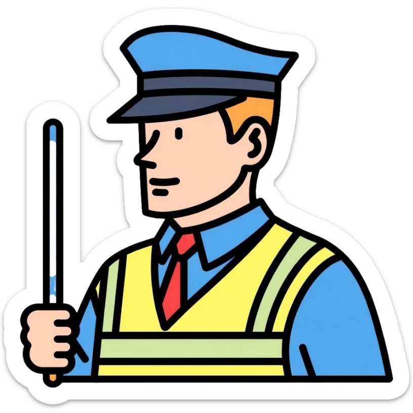 Russian traffic police officer with reflective vest, blue uniform, peaked cap, directing traffic with striped baton sticker