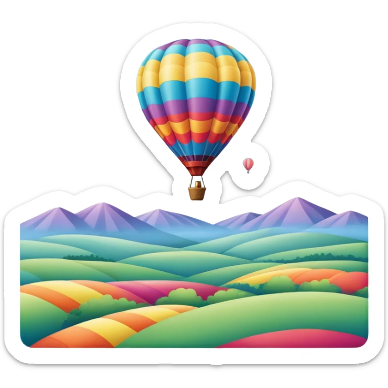 a clear sky and distant hills in the background with A colorful hot air balloon floating gracefully above the ground. The balloon's vibrant colors stand out against the soft clouds, capturing the peaceful yet adventurous spirit of hot air ballooning. sticker