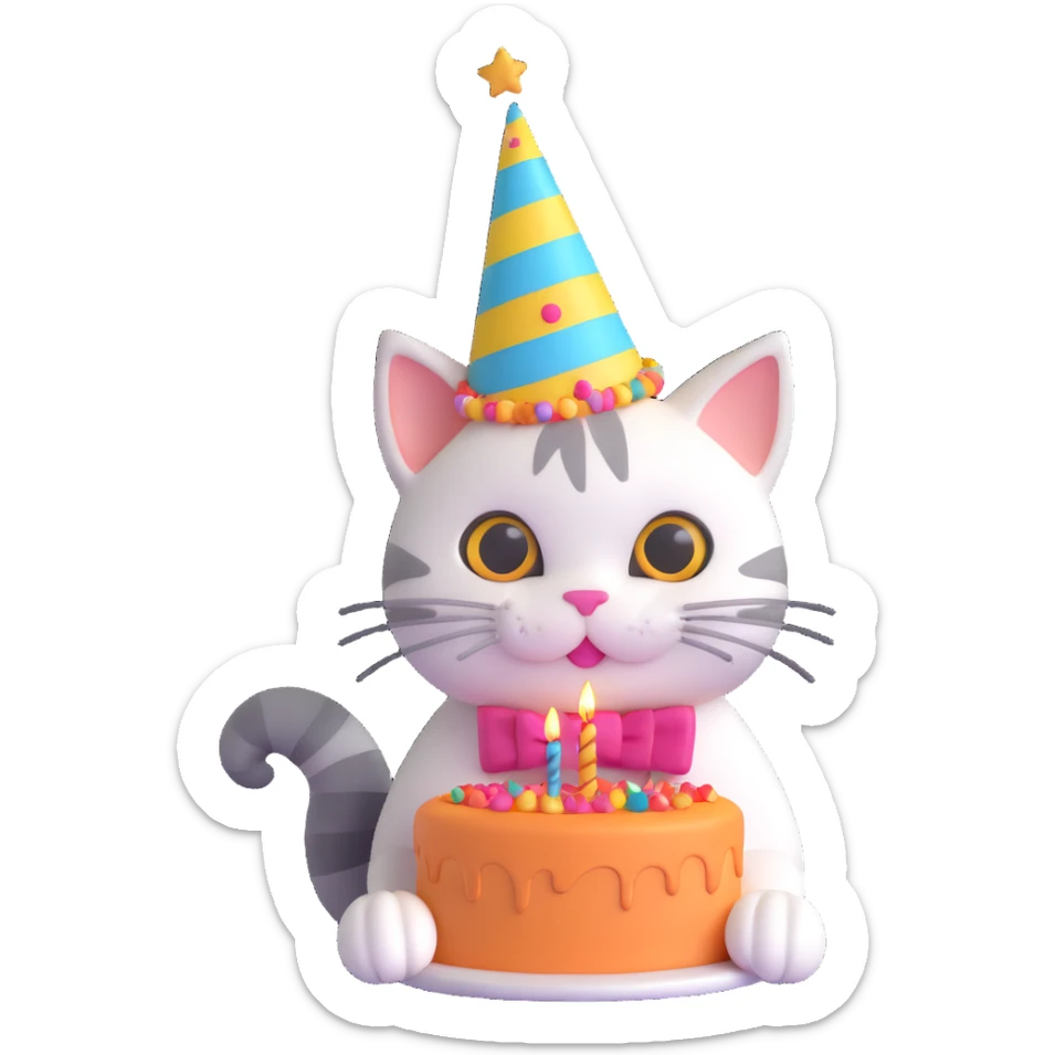 adorable cat with a party hat, clutching a birthday cake, colorful and playful sticker