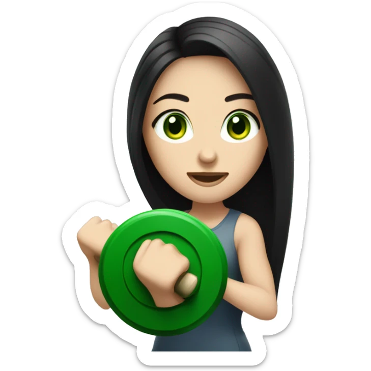 Beautiful pale woman with long black hair and green eyes lifting weights sticker