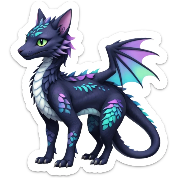 Kawaii black pastel iridescent beautiful pretty elegant divine edgy fantasy feline-vernid-sergal-Haku-dragon-fursona animal creature, full body with intricate markings  sticker