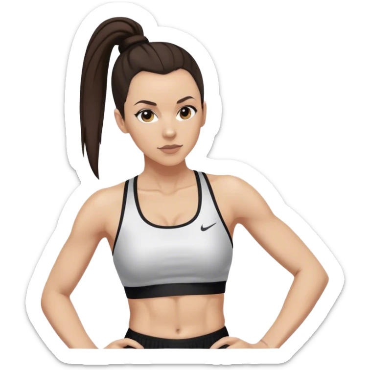 Melanie chisholm with a dark brown high ponytail wearing a sports bra and a track pants sticker