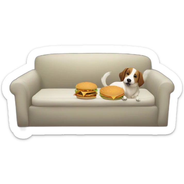 chien qui mange un hamburger avec un chien sur le canapé dans une maison avec une fenêtre en arrière plans  sticker