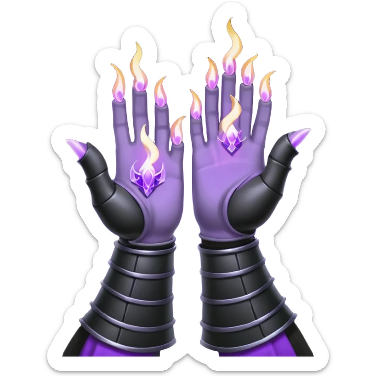 A Discord emoji of a pair of black armored gauntlets holding a flickering violet flame. The hands are positioned as if offering a gift. Dark gothic fantasy, glowing magical effects, high contrast, 2D vector style, white background. sticker