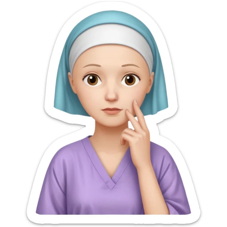 I want an emoji of a woman with cancer, the expression must be that of someone thinking, with their hand touching their chin.
 sticker