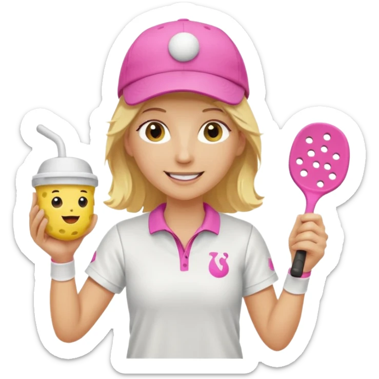 Happy Yellow Pickle Ball with blond hair, wearing a white baseball cap. holding a pink pickleball paddle in one hand and cup of coffee in the other hand. sticker