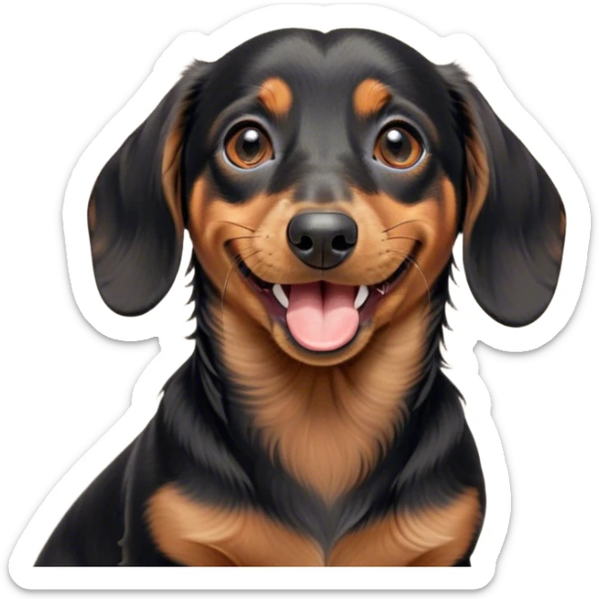 Cinematic Cute Yawning black and tan Dachshund Portrait Emoji, Head tilted slightly with a dramatic, wide-open yawn, showcasing a smooth black and tan coat with a subtle luster, floppy ears slightly drooping, round brown eyes barely open in drowsy contentment, Simplified yet irresistibly adorable features, highly detailed, glowing with a soft, cozy glow, high shine, relaxed yet expressive, stylized with a touch of whimsy, bright and endearing, soft glowing outline, capturing the essence of a sleepy yet affectionate companion, so drowsy it feels like it could stretch right out of the screen and curl up for a nap! sticker