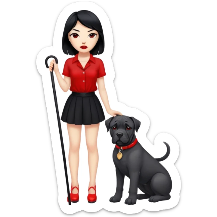 Fashionable girl with black hair and red lips with a Cane Corso dog sticker