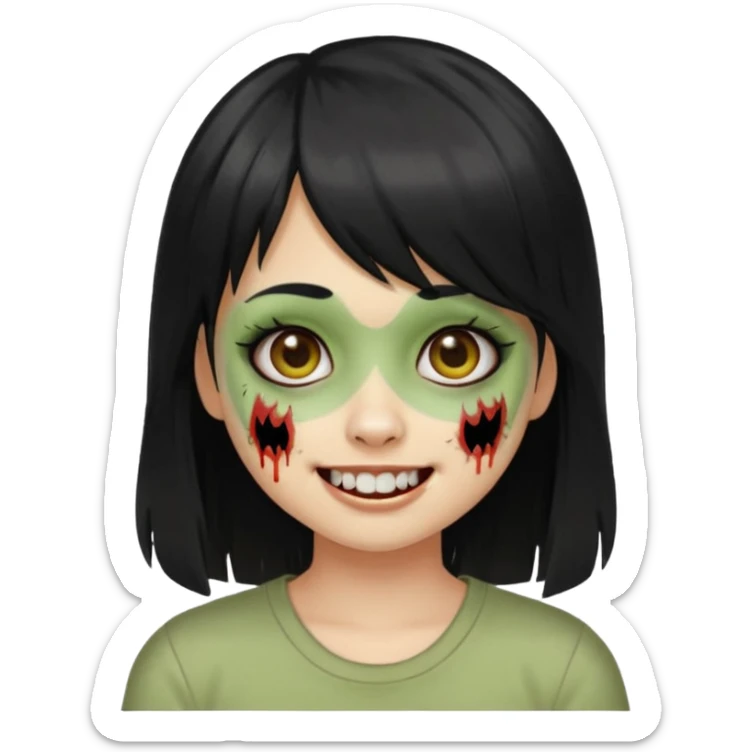 Girl with black hair and raccoon blonde streaks, bangs, light skin, zombie version, pale green skin, emoji style. sticker