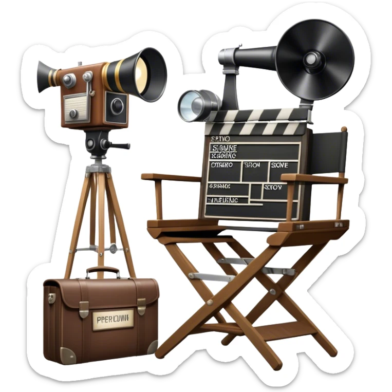 Icon for Directing: a director's chair, a film clapperboard, large movie camera, vintage megaphone and a stage with a spotlight. The icon should represent the creative and organizational aspects of directing, with focus on storytelling, staging, and performance. Transparent background. sticker