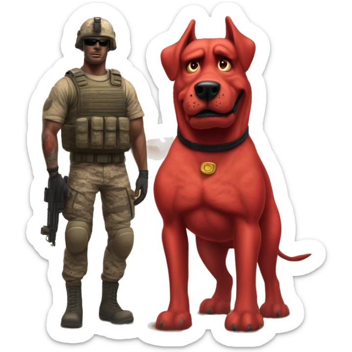 Desert storm humanoid Clifford the big red dog muscled with tattoos on arms book illustration as a military call of duty character standing alone with submachine  sticker