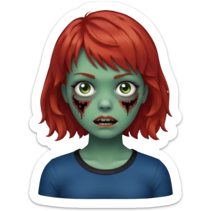 Zombie girl emoji with short red hair and bangs. Blue eyes, green skin, and a black top Her hair is slightly wavy sticker
