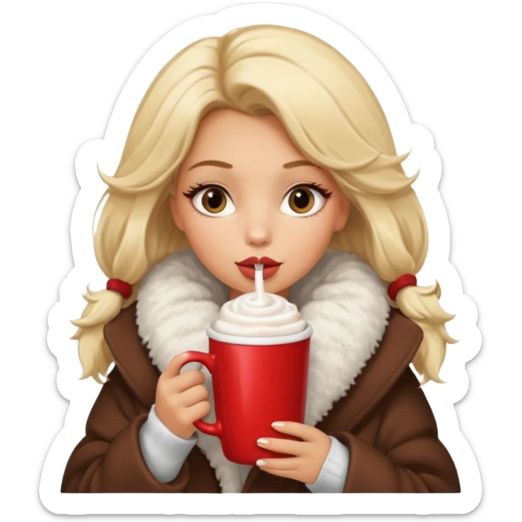 Tanned Girl with lashes , blonde hair, in an extremely big fluffy oversized coat and hold hot chocolate drink and vertically short eyes , big lip sticker