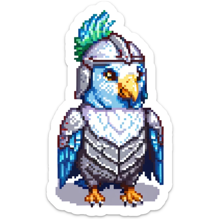 colorful budgie (muhabbet kuşu) wearing a knight's helmet, pixel art style sticker