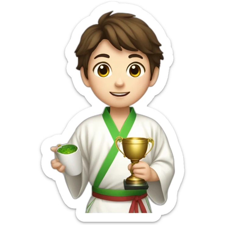 a 12-year-old boy with brown hair with a prize cup high in his hand in a white kimono with a green belt sticker
