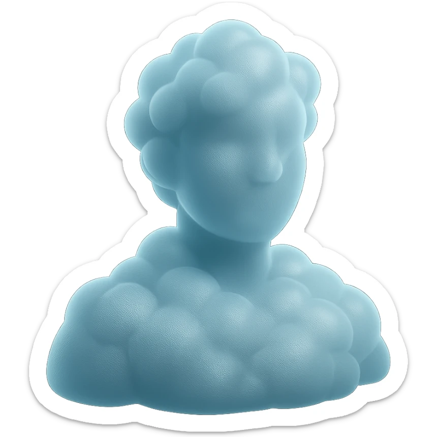 person made entirely of bright, convex clouds, shoulder-up, looking straight sticker