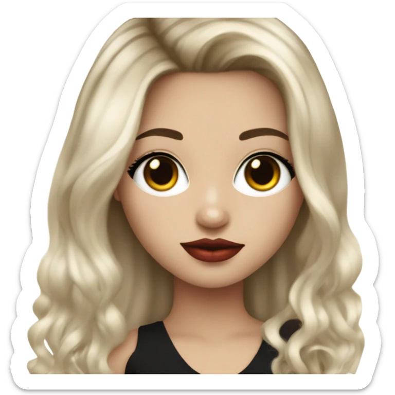 girl with white skin and balayage straight hair , black black eyes with eyelashes, red lips,  sticker