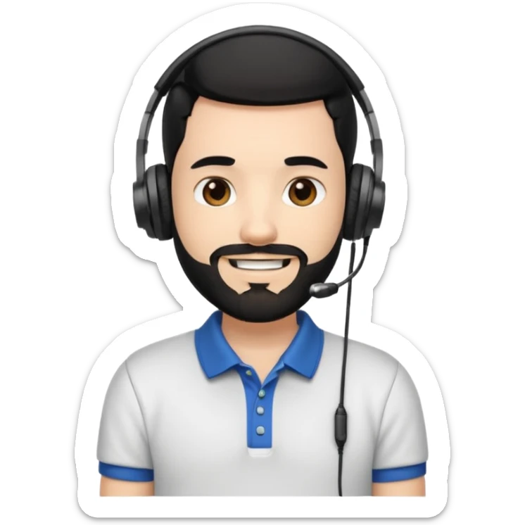 black and  hair with beard and headphones white skin male and nice polo shirt hair short on side sticker