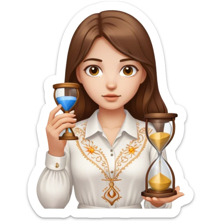 A Ukrainian girl with brown hair wearing a white embroidered shirt holds an hourglass in her hands sticker