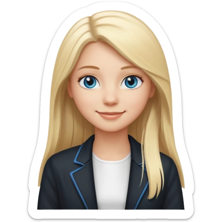 A white girl with long straight blonde hair, blue eyes and a white dress with a smiling black jacket sticker