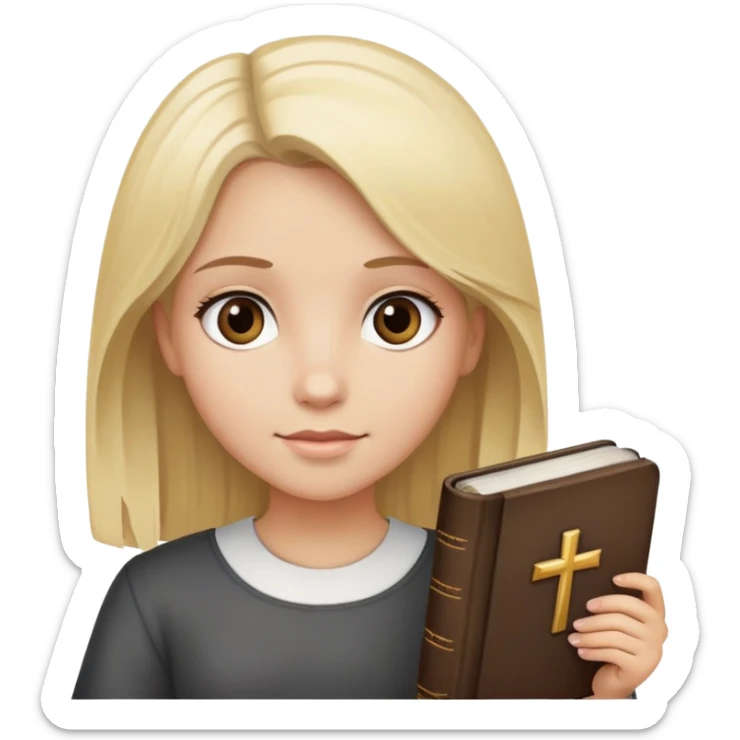 Girl with blond hair and dark brown eyes who have bible  sticker