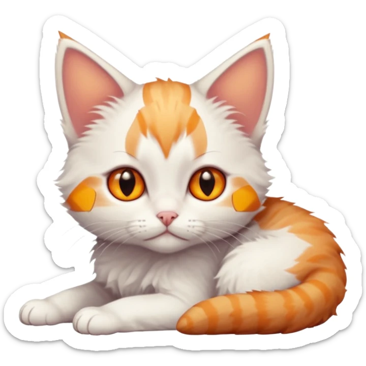 full body of very small + skinny ginger and white kitten with deep orange eyes and triangular shaped face lying down sticker