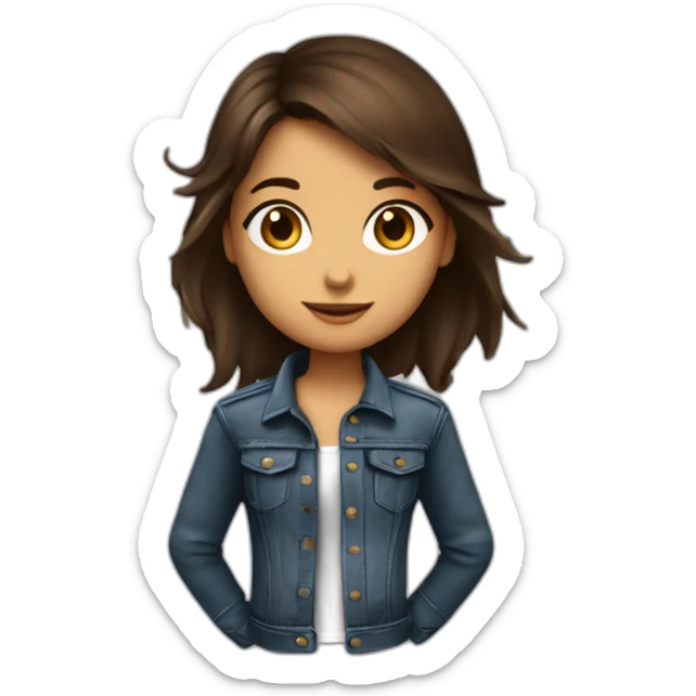 Petite fille brune aux yeux marrons, qui porte un jean un t-shirt rock et un perfecto en cuir sticker