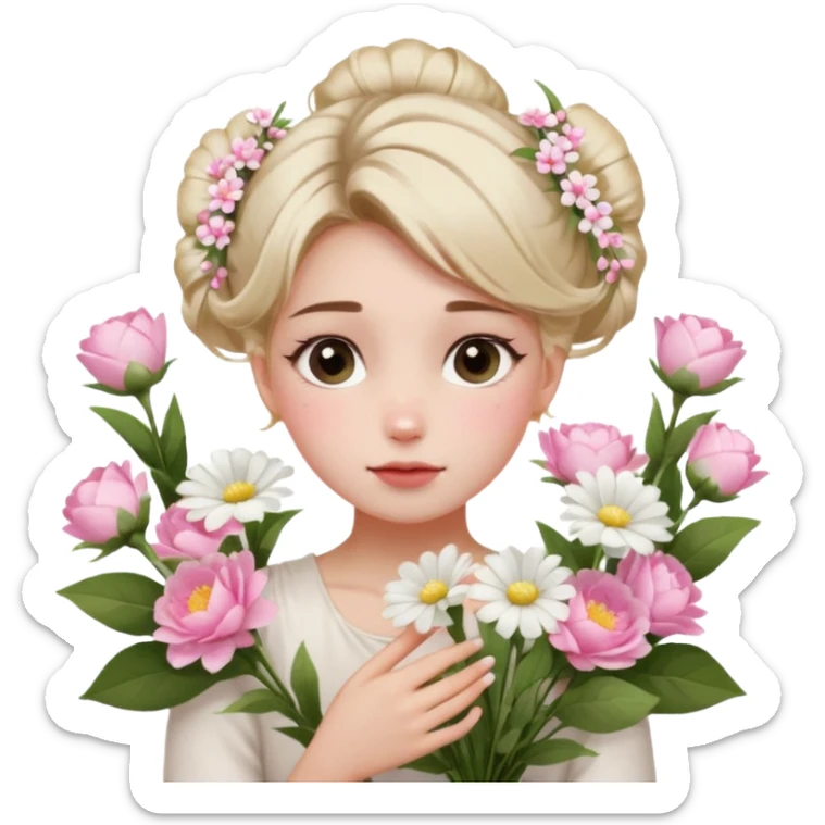 emojis.com a-girl--sitting--near-various-bouquets-of-flowers-,-white-and-pink-flowers-.-she-is-holding-a-single-white-flower-up-to-her-face,-her-hairstyle-is-slightly-messy-updo,-with-a-few-soft-strands-f (1) sticker