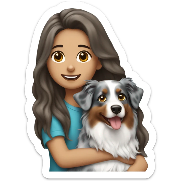 Girl with long brown hair holding blue merle Australian shepherd sticker