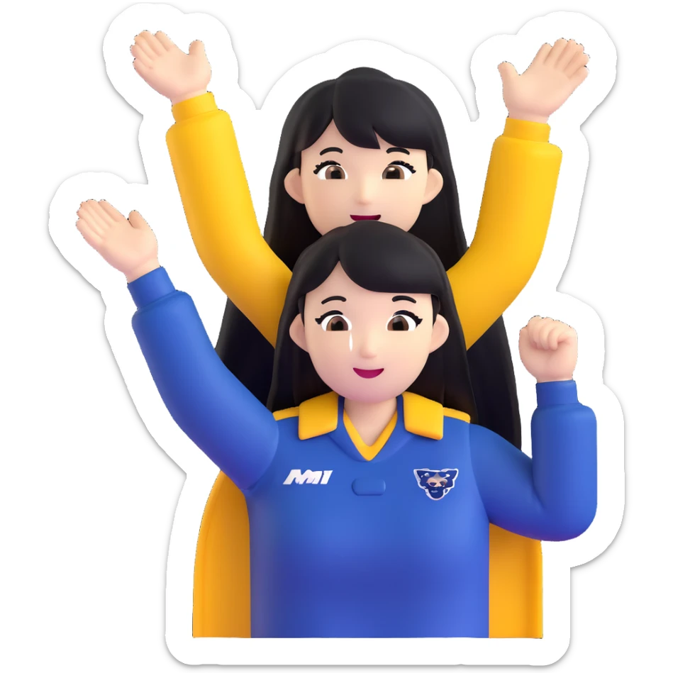 East Asian woman with long black straight hair and bangs wearing navy and white Doosan Bears team colors, cheering sticker