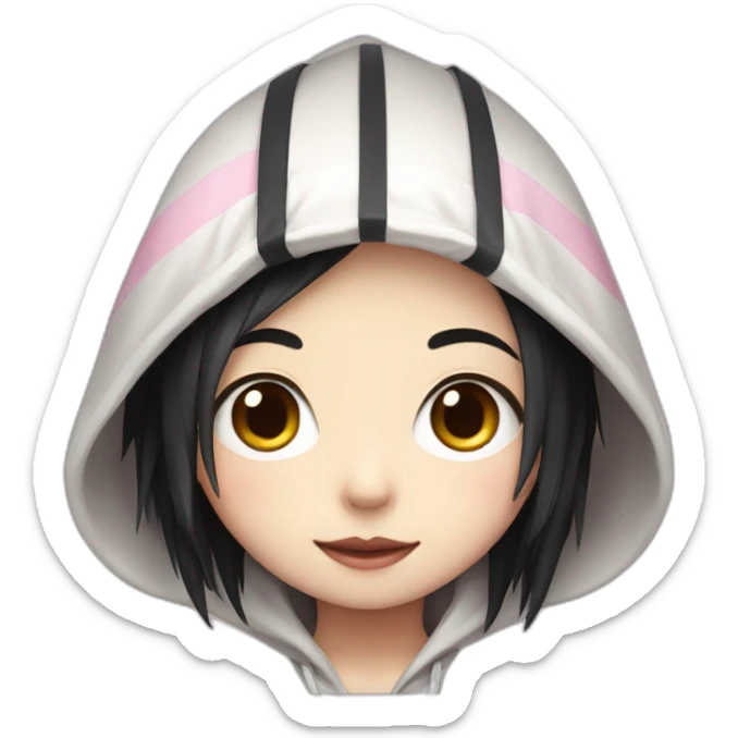 Japanese boy, with cute black hair and with a bone hairclip wearing a white hoodie with pink stripes sticker