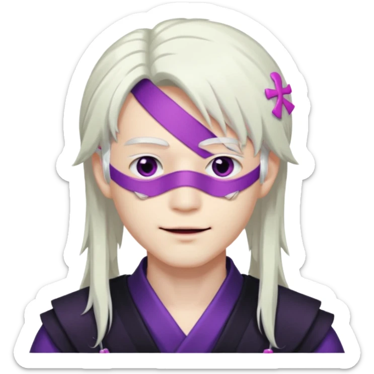 A young pale skinned Japanese man, with long free white hair. Purple eyes pink lips. Devious smile and an eyepatch sticker