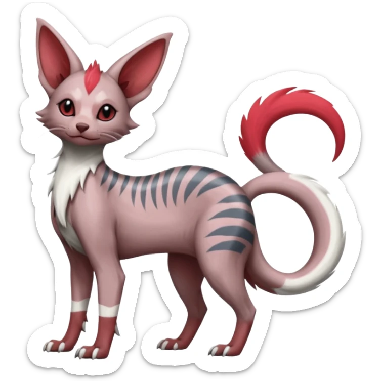Minccino-Sphynx-Lykoi-Linoone-Zangoose-fusion-hybrid-animal-Fakémon-creature, full body, thin long sleek scaly tail, intricate markings sticker