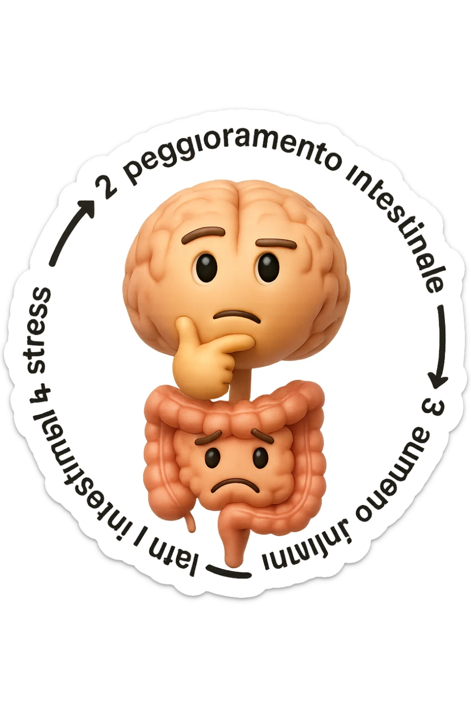 EMOJI STILE IPHONE 3D DI un cerchio con queste scritte che girano intorno in ordine per come li ho scritti "1. stress → 2. peggioramento intestinale → 3. aumento infiammazione → 4. peggioramento sintomi intestinali e sistemici." al centro del cerchio metti un cervello e intestino umani collegati verticalmente con espressione dubbiosa in volto, FALLO MOLTO REALISTICO IN 3D sticker