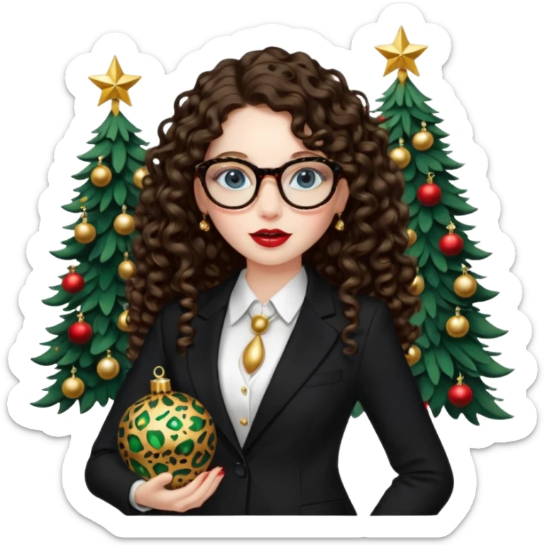 A girl with white pale skin, blue eyes, full lips, brunette long curly hair. She has a leopard print round-ish shaped glasses. She is wearing a all black suit. And she has red lipstick. She is putting gold ornaments happily to a christmas tree. sticker