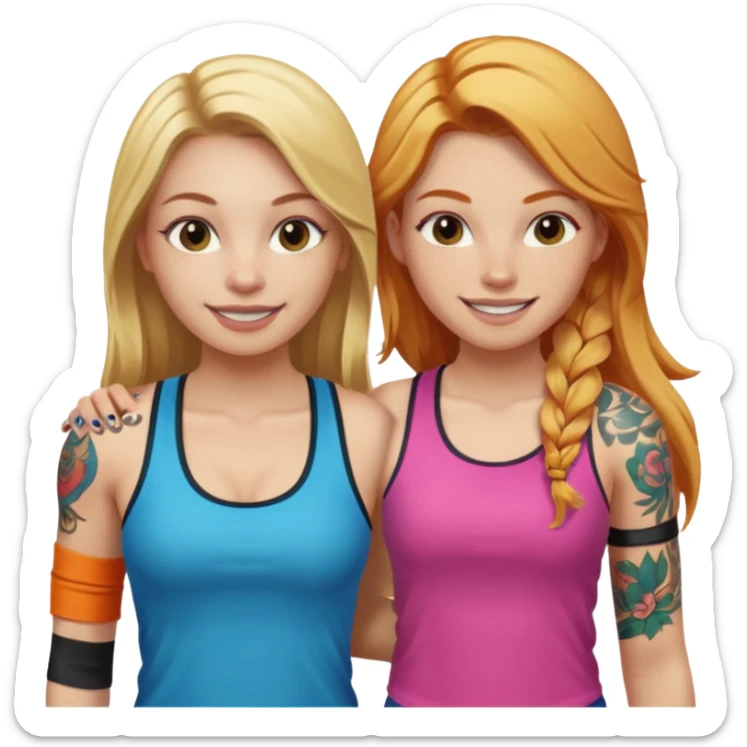 girl with long blonde hair and tattoos next to an athletic ginger girl colorful clothes sticker