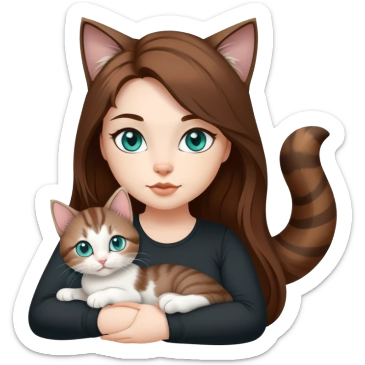 Hot curvy woman, teal eyes, long hair, with super cute kitten, she is white with brown hair, black top, the cat is a brown and grey tabby sticker