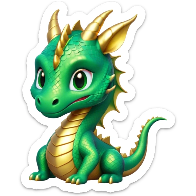 Cinematic Cute Dragon Portrait Emoji, Head tilted playfully and inquisitively, featuring a sleek, serpentine form adorned with iridescent scales that shift between emerald and gold, a delicate set of subtle horns, and round, sparkling eyes full of curious magic; rendered with realistic detail and warm natural light, high shine, affectionate and enchanting, styled with a touch of whimsical fantasy, soft glowing outline, capturing the essence of a mischievous yet lovable dragon that seems poised to slither playfully into your arms! sticker