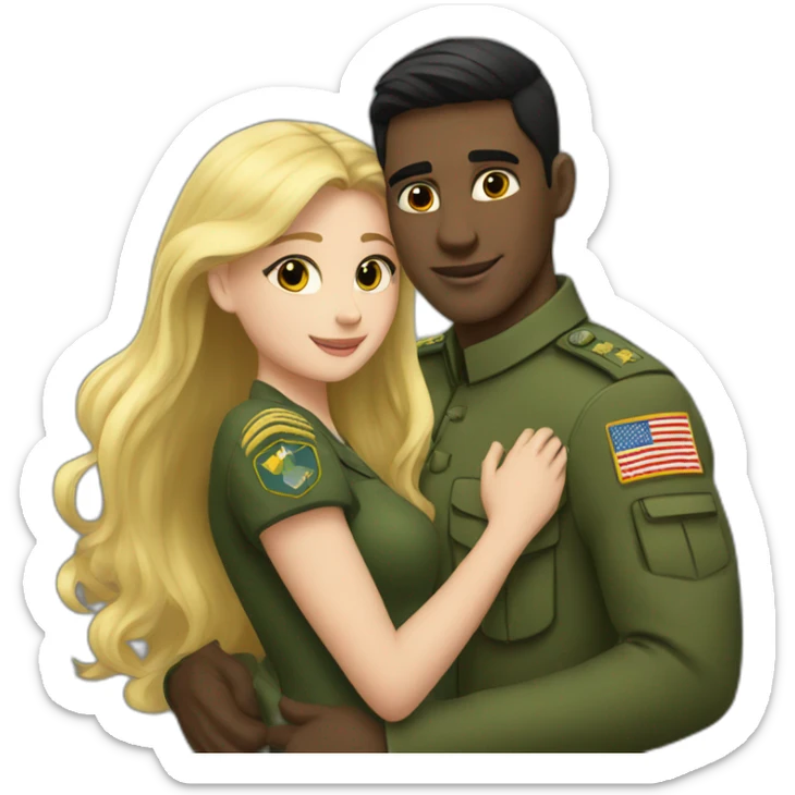 a blonde girl hugs a dark-haired man in a green military uniform sticker