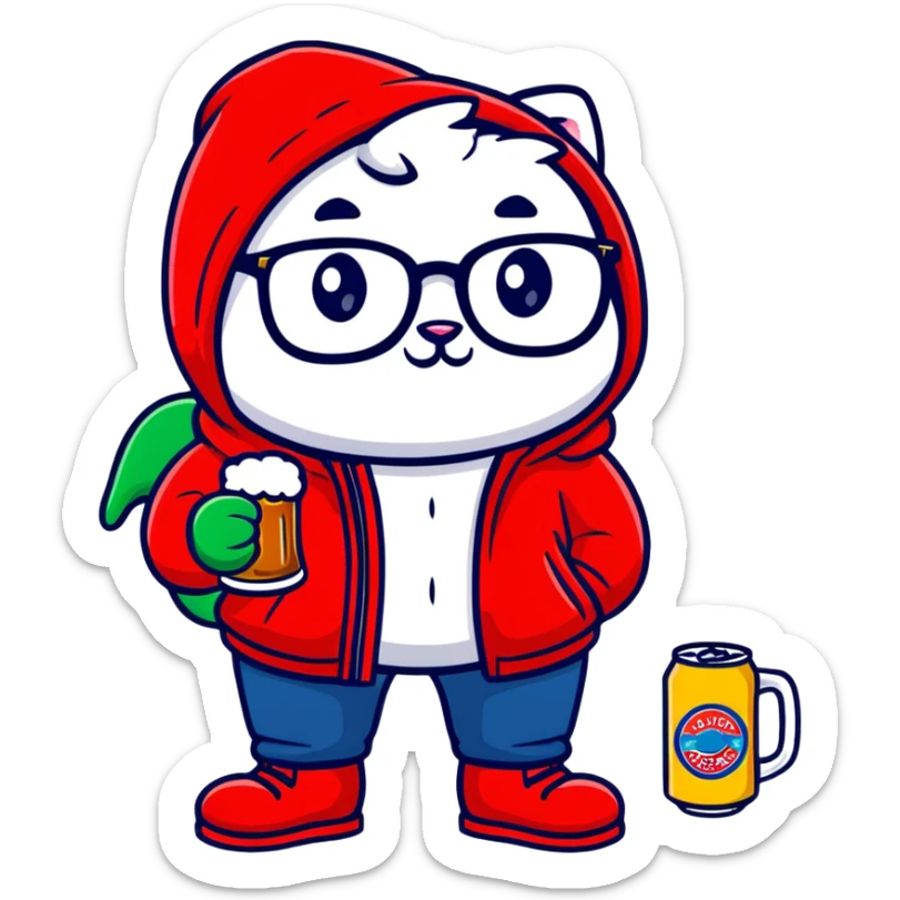 Catfish wearing a red hooded winter jacket, round glasses, blue jeans, red boots, holding a beer can with red label sticker