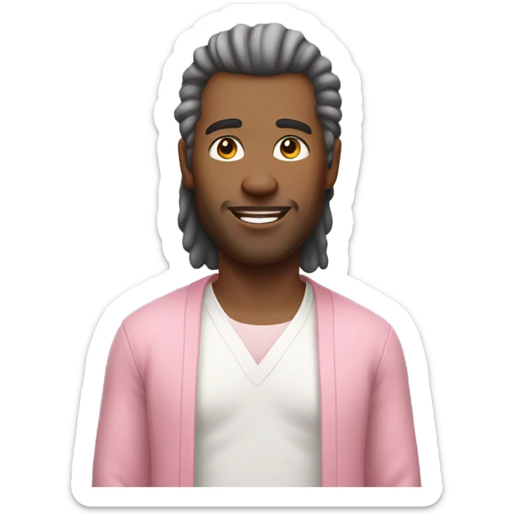 Man with mullet hair wearing white long tee and white long pants with pink cardigan sticker