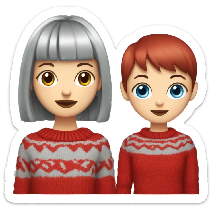 girl with short hair and bangs (a fringe) with blue eyes, long eyelashes and red lipstick in a red cable knit sweater holding a grey cat sticker
